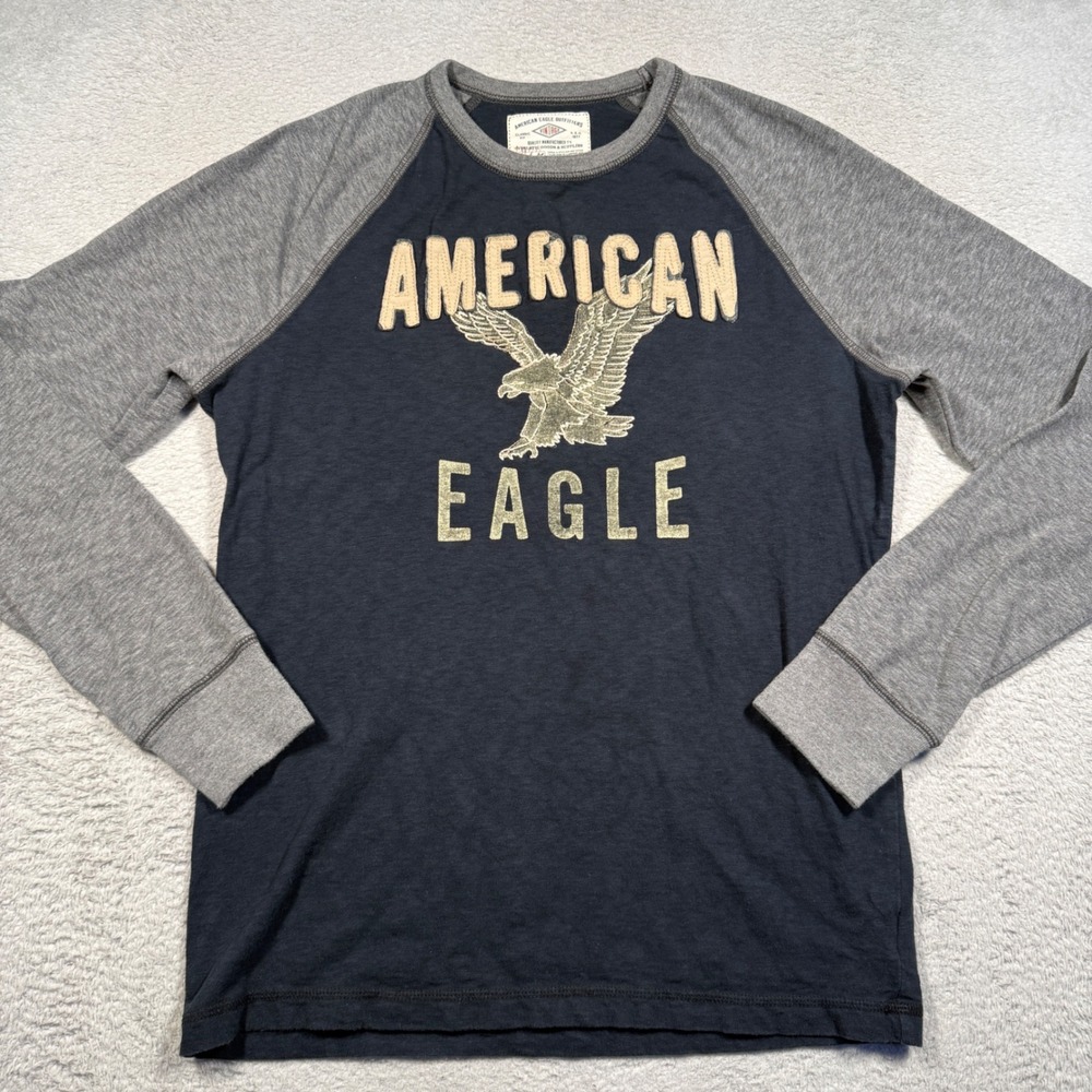 Y2K American Eagle Raglan Shirt Men S Navy Grey Stitched Graphic Long Sleeve Tee